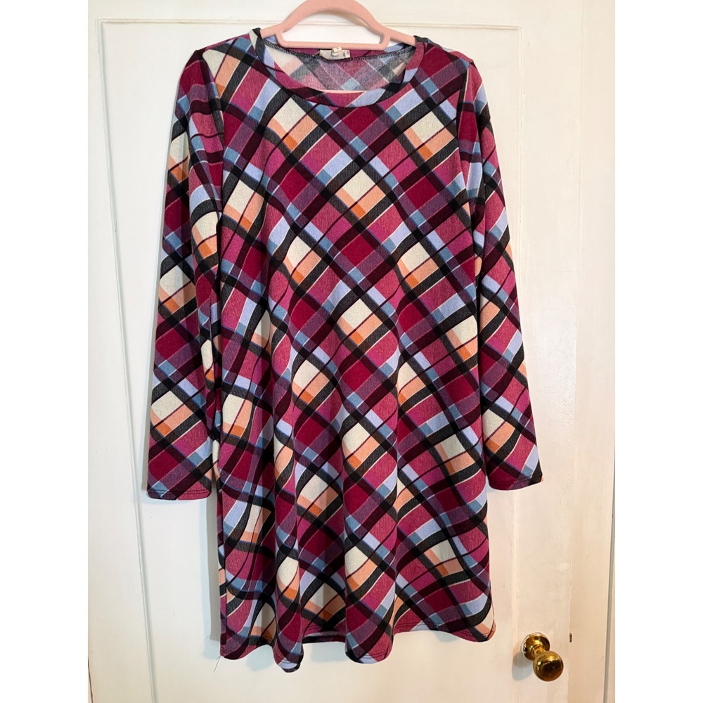 Sweet Lovely by Jen Womens Plaid Long Sleeve Tunic‎ Shift Dress Magenta Large
